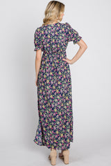 Navy Blue Floral Side Slit Maxi Dress