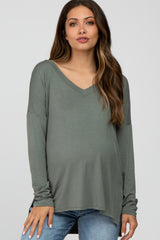 Olive V-Neck Hi-Low Long Sleeve Maternity Top