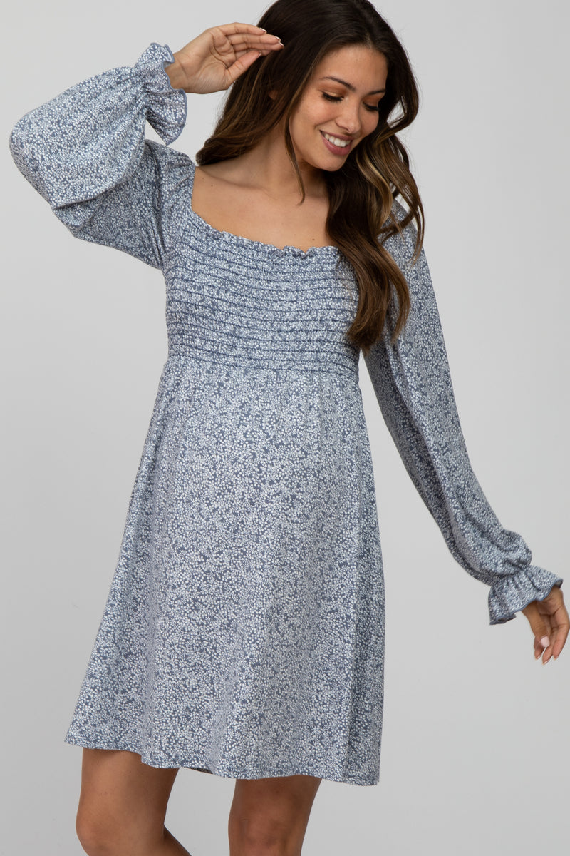 Blue Floral Smocked Long Sleeve Maternity Dress – PinkBlush