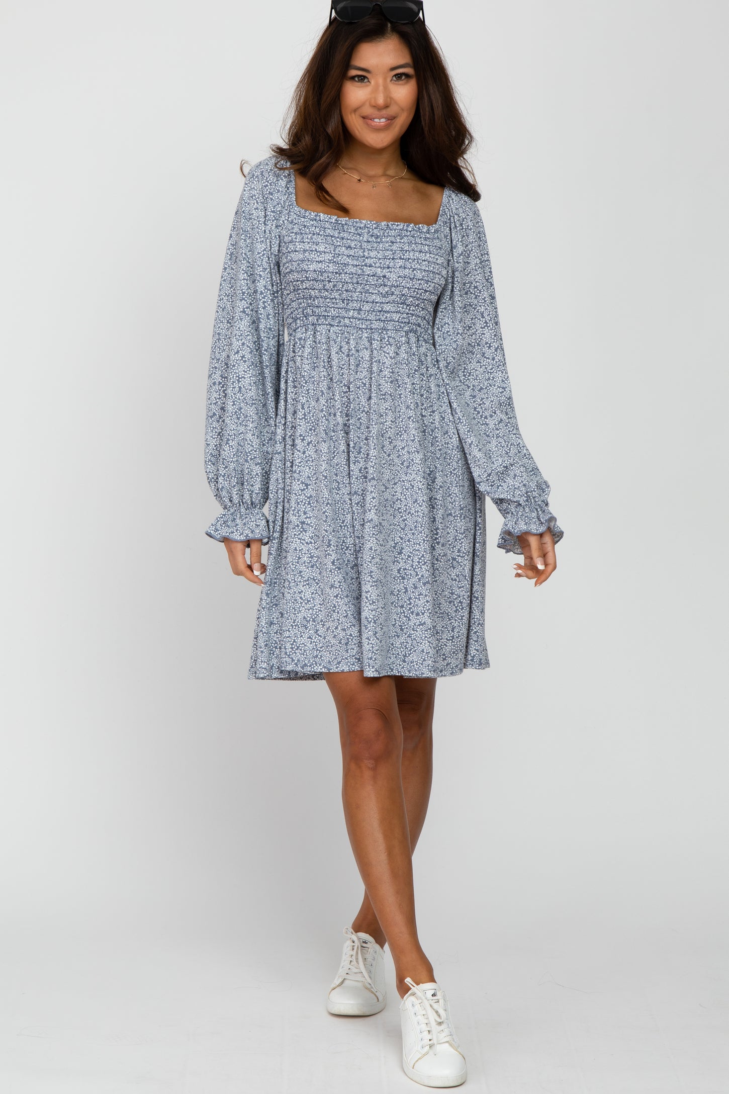 Blue Floral Smocked Long Sleeve Maternity Dress – PinkBlush