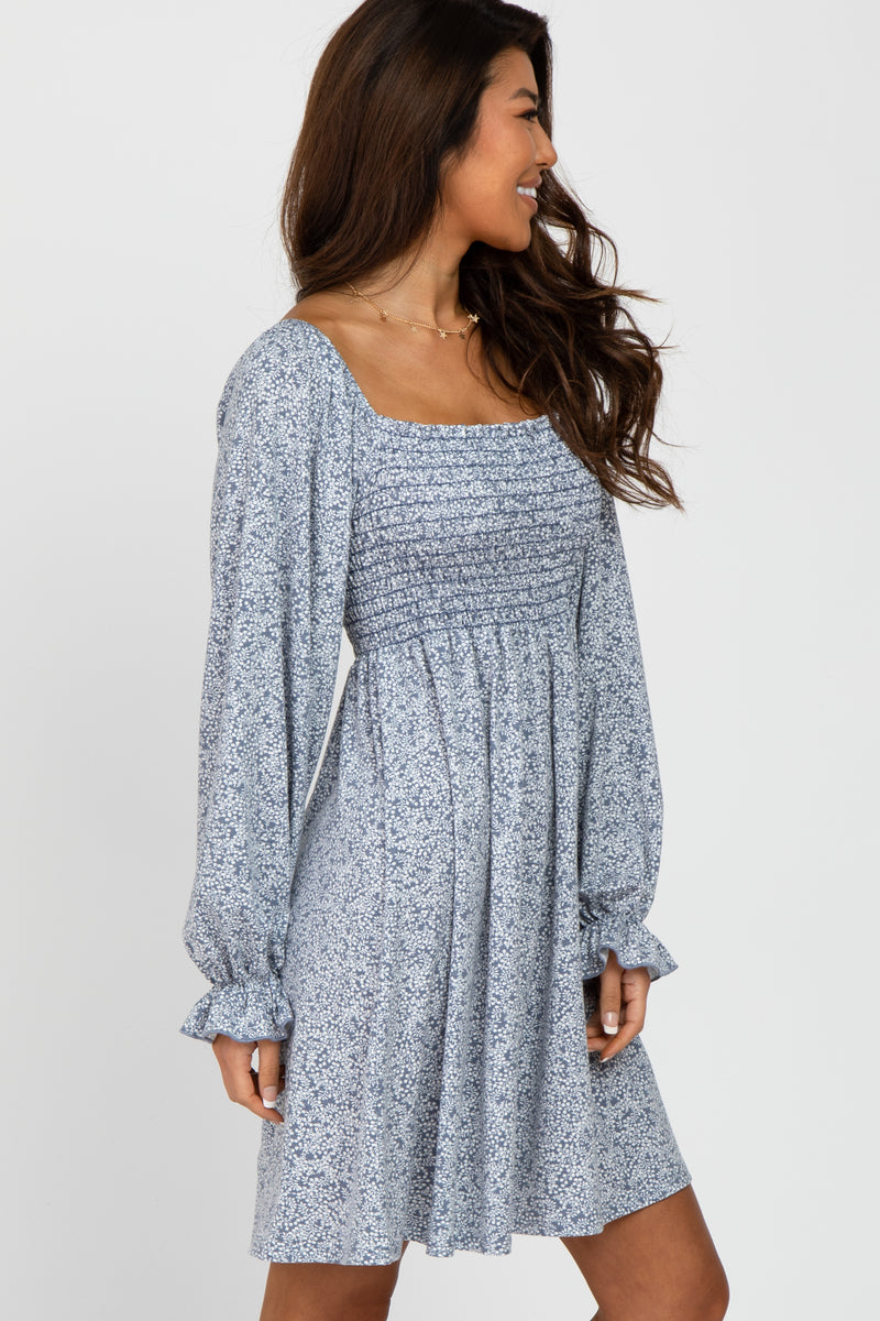 Blue Floral Smocked Long Sleeve Dress – PinkBlush
