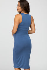 Blue Fitted Sleeveless Maternity Dress
