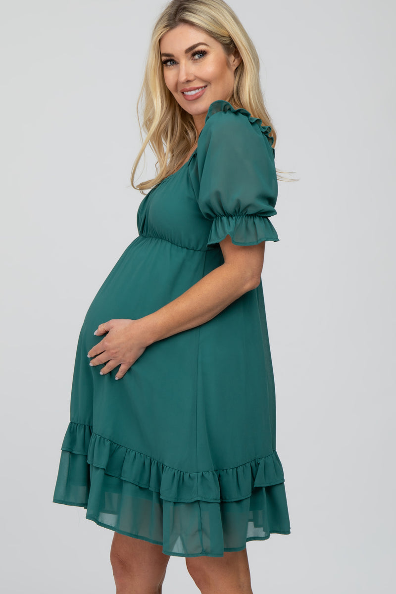 Teal Chiffon Puff Sleeve Ruffle Maternity Dress– PinkBlush