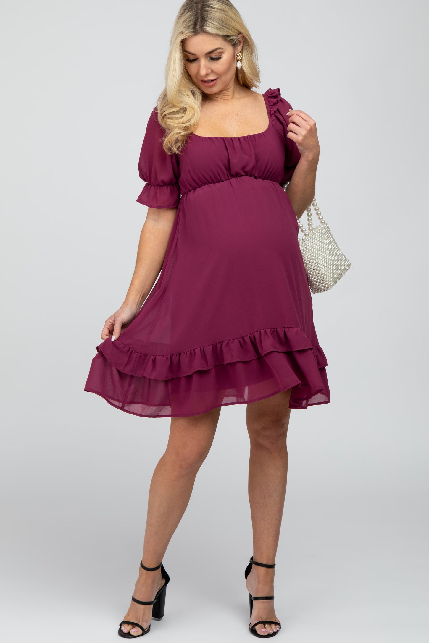 Magenta Chiffon Puff Sleeve Ruffle Maternity Dress