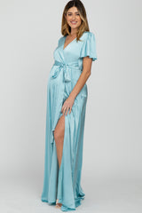 Light Blue Side Slit Satin Maternity Maxi Dress