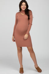 Peach Ribbed Front Cutout Maternity Dress