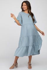 Blue Tiered Ruffle Sleeve Maternity Midi Dress