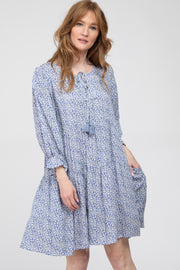 Blue Floral Tiered Long Sleeve Dress