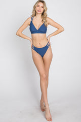 Navy Blue Strappy Cutout Two-Piece Bikini Set