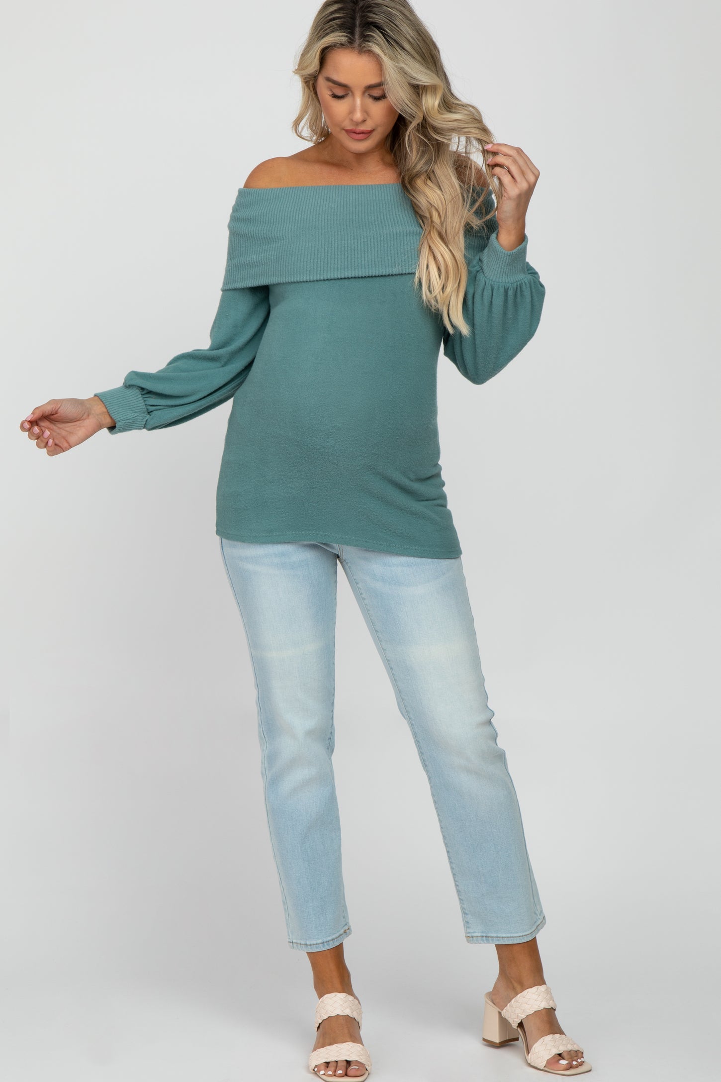Light Teal Brushed Off Shoulder Fitted Maternity Top