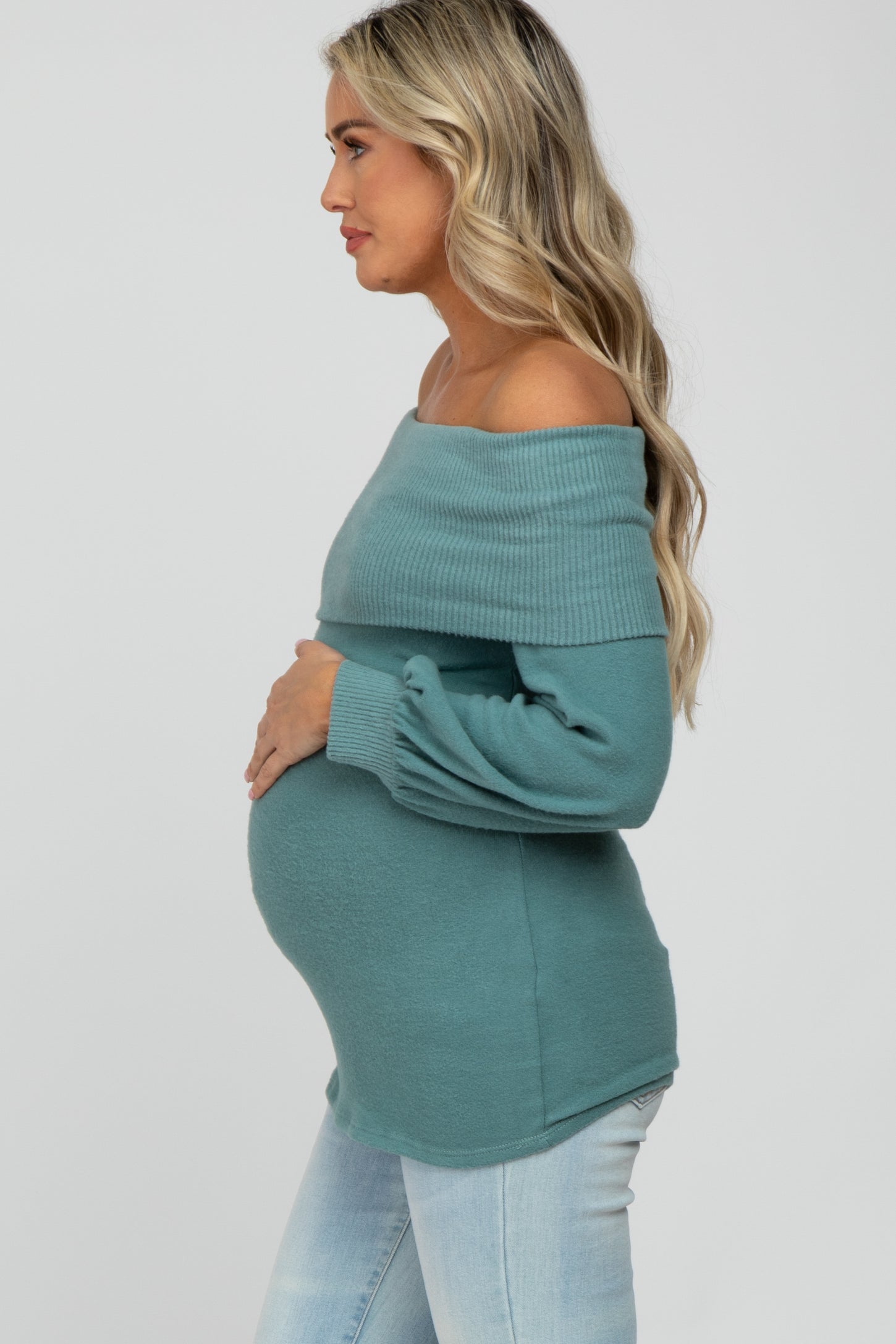 Light Teal Brushed Off Shoulder Fitted Maternity Top