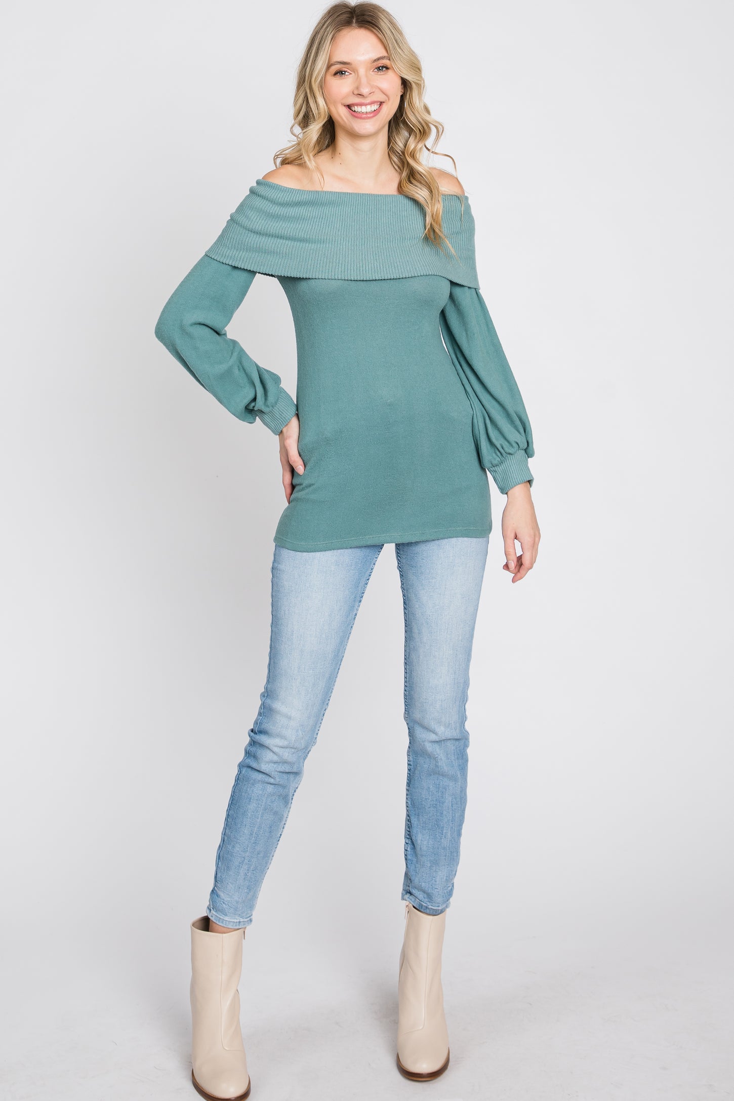 Light Teal Brushed Off Shoulder Fitted Top