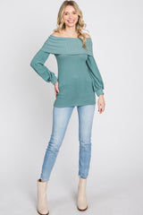 Light Teal Brushed Off Shoulder Fitted Top