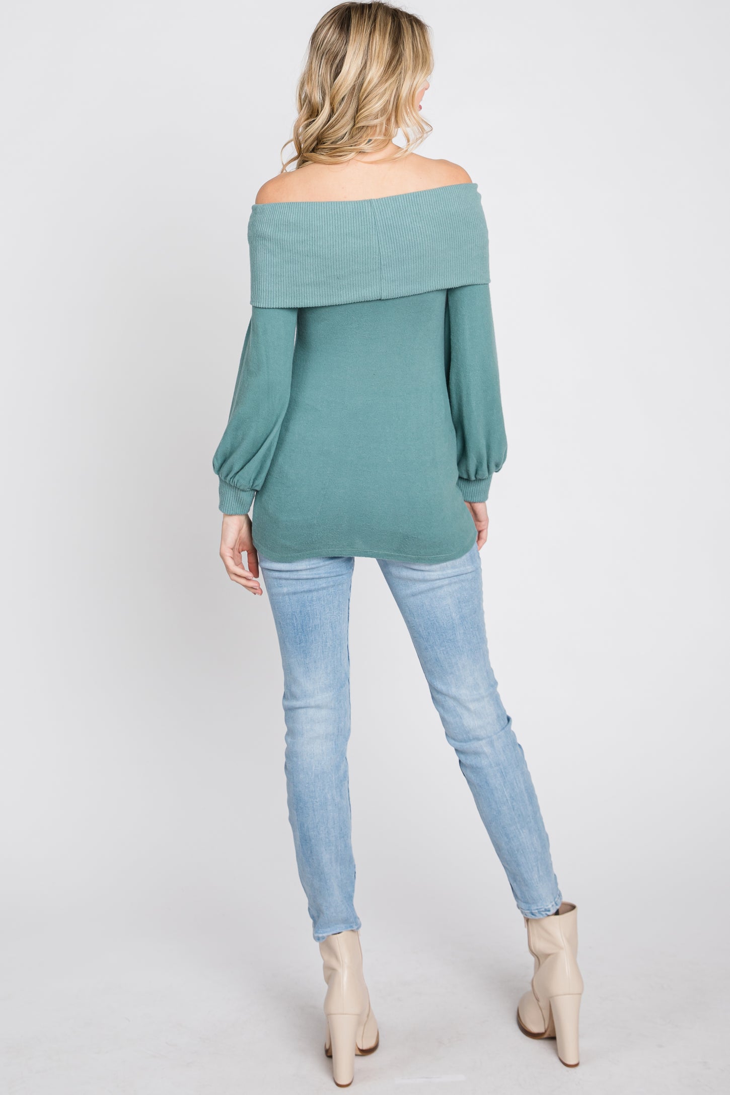 Light Teal Brushed Off Shoulder Fitted Top
