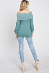 Light Teal Brushed Off Shoulder Fitted Top