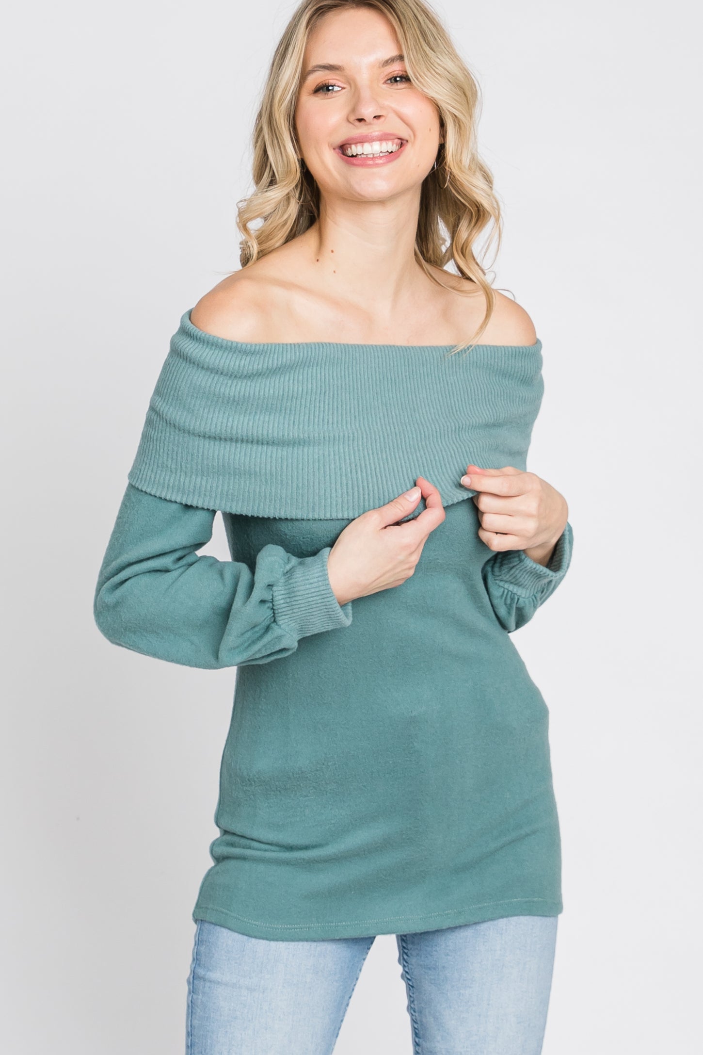 Light Teal Brushed Off Shoulder Fitted Top