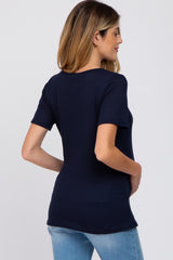 Navy Blue Button Front Waffle Knit Short Sleeve Maternity Top