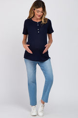 Navy Blue Button Front Waffle Knit Short Sleeve Maternity Top
