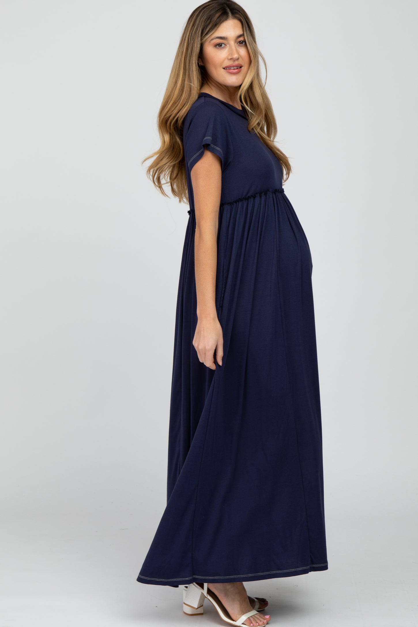 Navy Blue Short Sleeve Babydoll Maternity Maxi Dress– PinkBlush