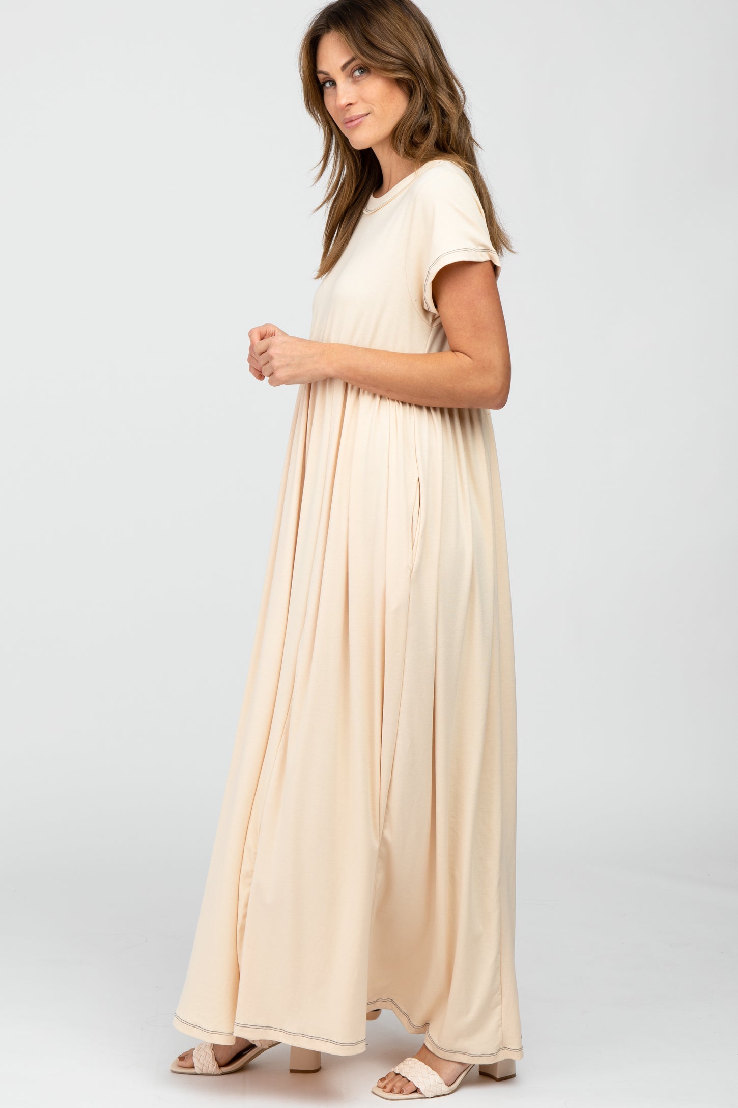 Beige Short Sleeve Babydoll Maxi Dress – PinkBlush