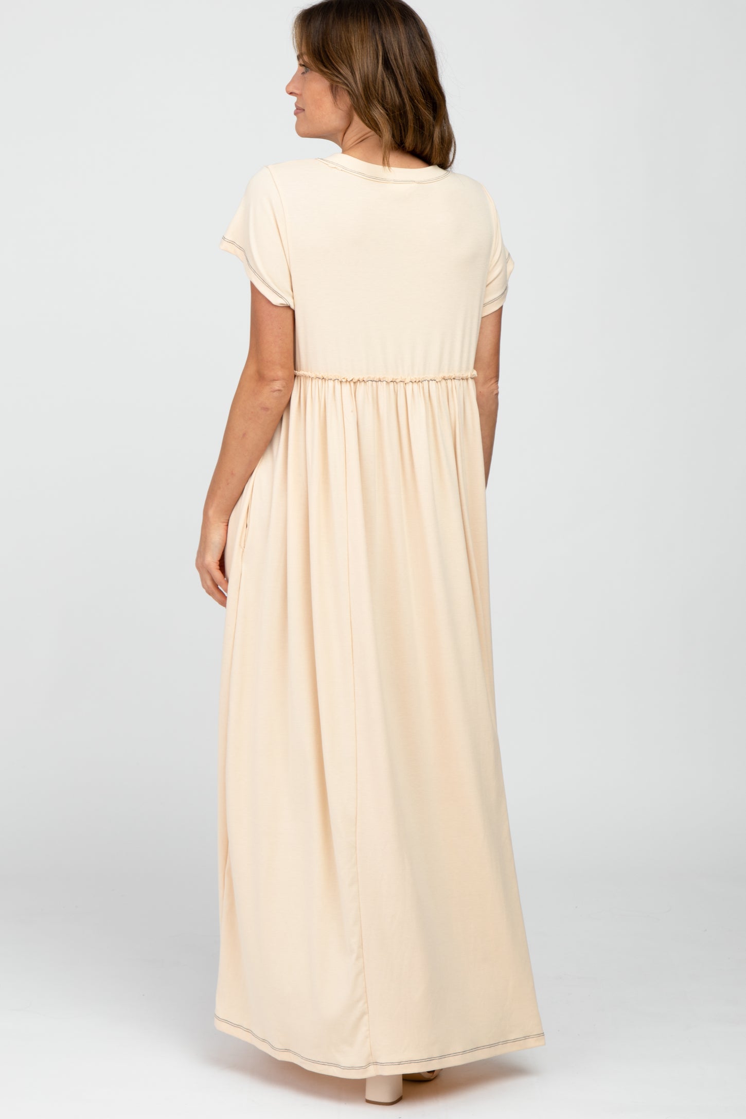 Beige Short Sleeve Babydoll Maxi Dress Small