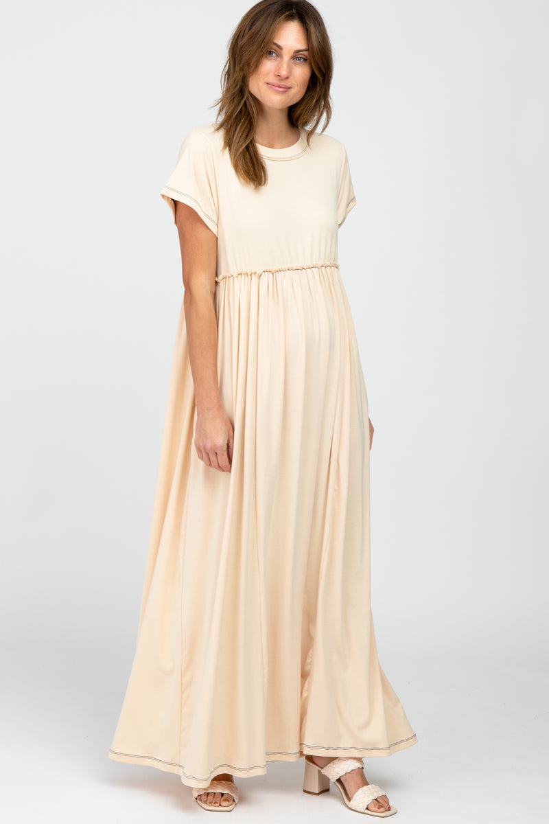 Beige Short Sleeve Babydoll Maxi Dress Small