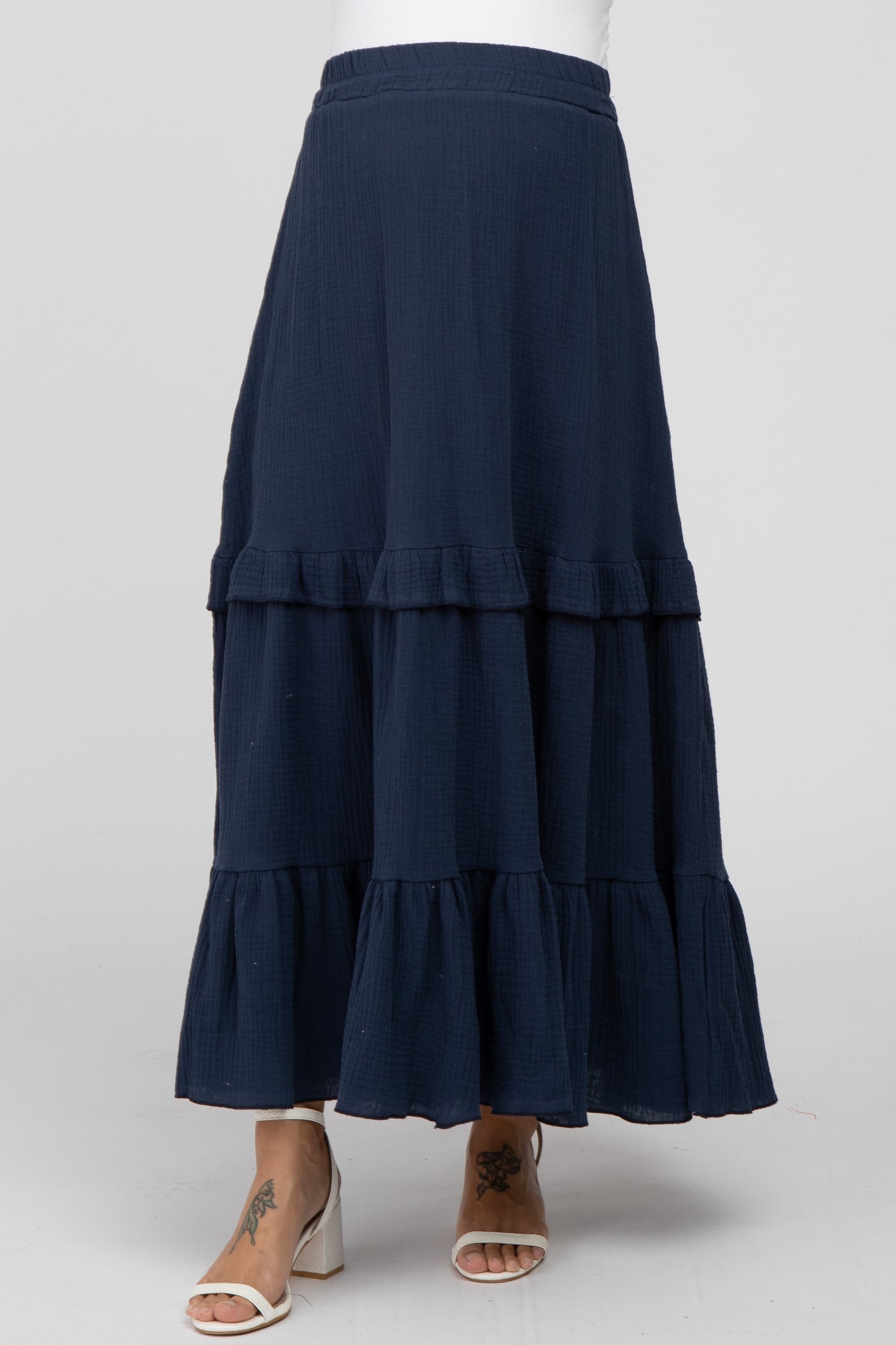 Navy Blue Cotton Gauze Ruffle Tiered Maternity Maxi Skirt – PinkBlush