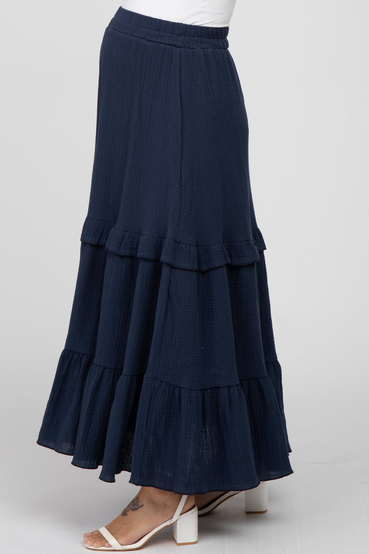 Navy Blue Cotton Gauze Ruffle Tiered Maternity Maxi Skirt– PinkBlush