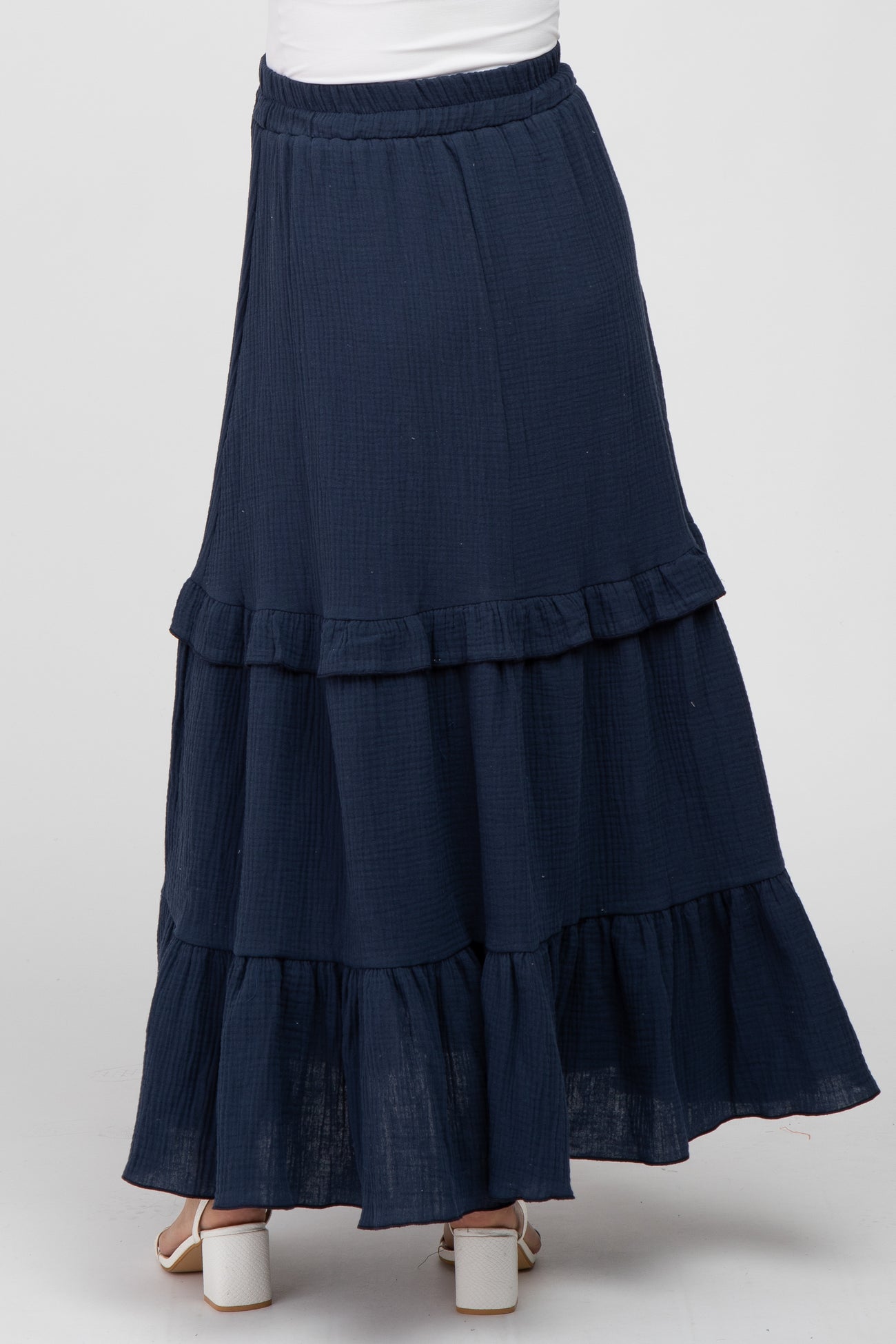 Navy Blue Cotton Gauze Ruffle Tiered Maternity Maxi Skirt– PinkBlush