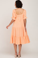 Peach Puff Sleeve Tiered Midi Dress