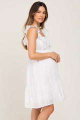 White Ruffle Strap Embroidered Eyelet Maternity Dress