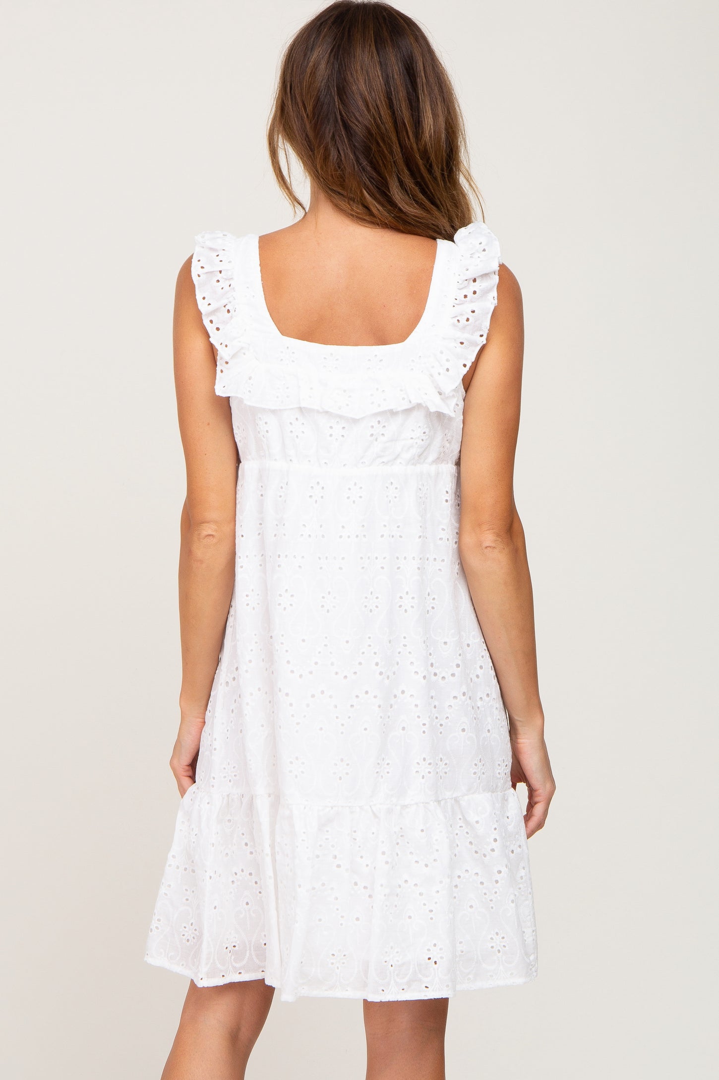 White Ruffle Strap Embroidered Eyelet Dress