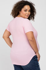 Pink Ribbed V-Neck Short Sleeve Plus Maternity Top