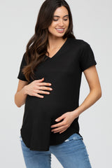 Black Ribbed V-Neck Short Sleeve Maternity Top