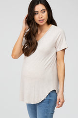 Beige Ribbed V-Neck Short Sleeve Maternity Top