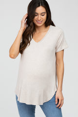 Beige Ribbed V-Neck Short Sleeve Maternity Top