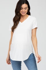 Ivory Ribbed V-Neck Short Sleeve Maternity Top
