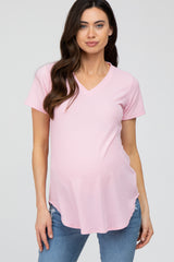Pink Ribbed V-Neck Short Sleeve Maternity Top