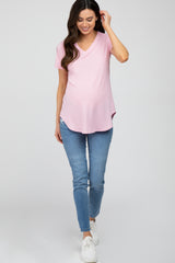 Pink Ribbed V-Neck Short Sleeve Maternity Top