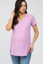 Lavender Ribbed V-Neck Short Sleeve Maternity Top