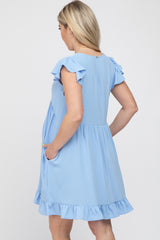 Light Blue Ruffle Hem V-Neck Maternity Dress