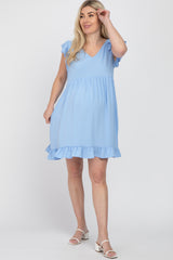 Light Blue Ruffle Hem V-Neck Maternity Dress