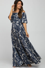 Navy Blue Palm Print Off Shoulder Pleated Maternity Maxi Dress