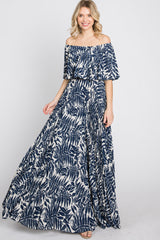 Navy Blue Palm Print Off Shoulder Pleated Maxi Dress