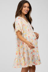 Beige Floral Tiered Maternity Dress
