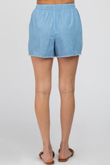 Blue Chambray Frayed Hem Drawstring Shorts