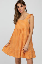 Orange Striped Square Neck Ruffle Strap Dress