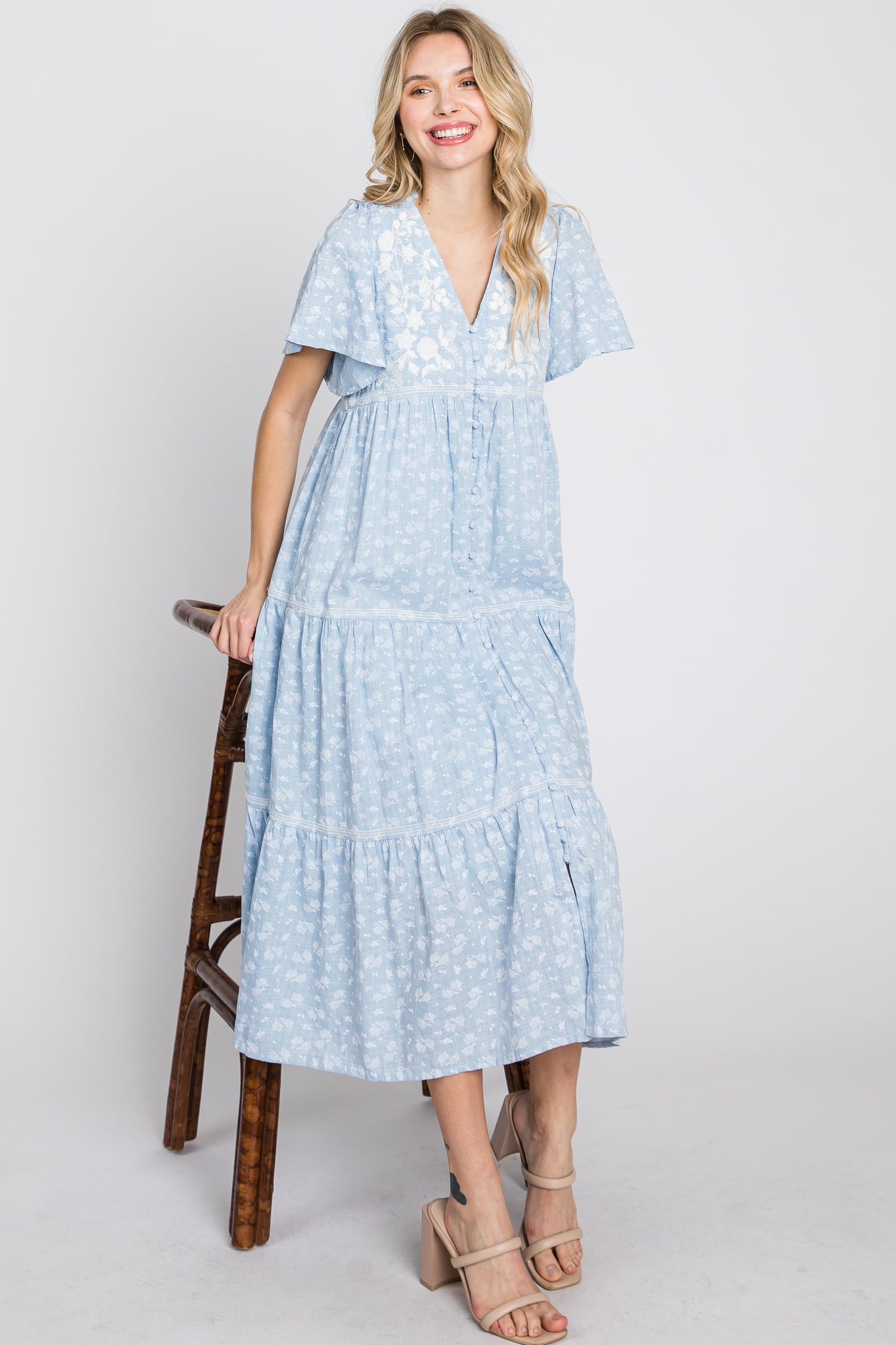 Light Blue Floral Embroidered Button Front Midi Dress – PinkBlush