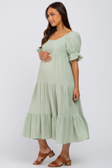 Mint Green Puff Sleeve Tiered Maternity Midi Dress