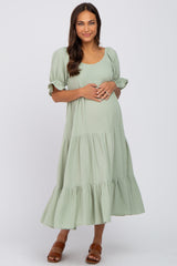 Mint Green Puff Sleeve Tiered Maternity Midi Dress